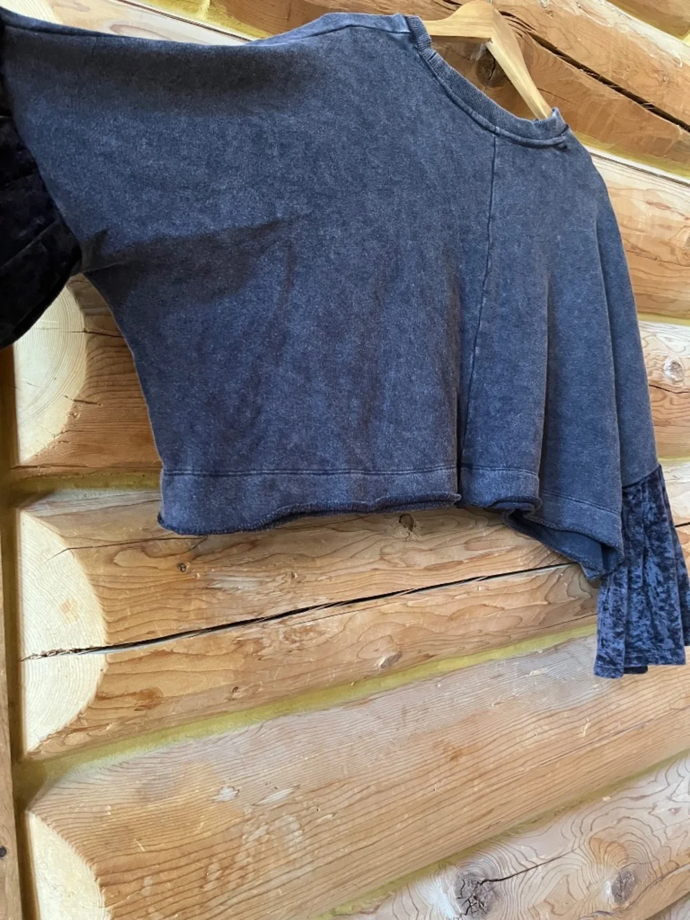Free People Black Sweatshirt Faded Oversized Wide Cropped Velvet Bell Sleeve XS